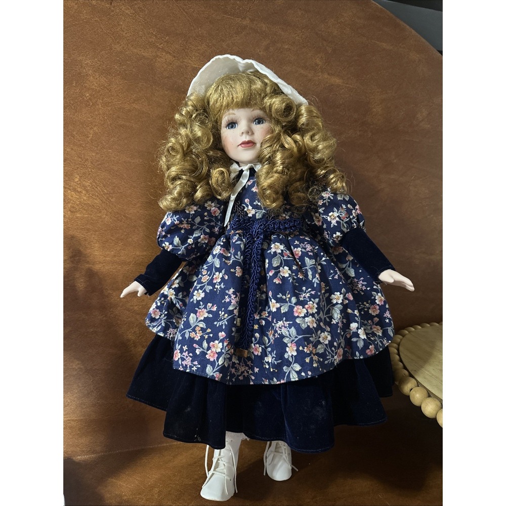 PORCELAIN DOLL 17" Vintage Collectible Eyelashes And Boots Blue Flower Dress
